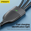 Cable trenzado PISEN PRO-Mars 3 en 1 negro de aluminio, USB a Lightning, Type-C y Micro USB, 4ft, 100W, carga rápida.