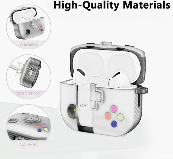 Protector de AirPods 4 en color blanco con diseño de consola de videojuegos, ideal para los amantes de la tecnología en Guatemala.
