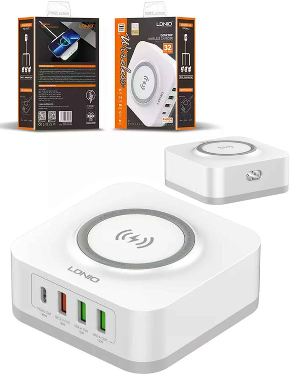 Cargador inalámbrico LDNIO de 32W para escritorio con tecnología QC3.0/PD, disponible en Guatemala.
