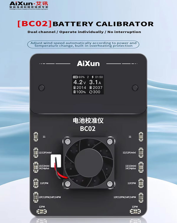 Calibrador de batería Aixun BC02 dual channel para iPhone 11 a 14 Pro Max en Guatemala, ¡repara tus dispositivos al mayorista BajoPPLCD!