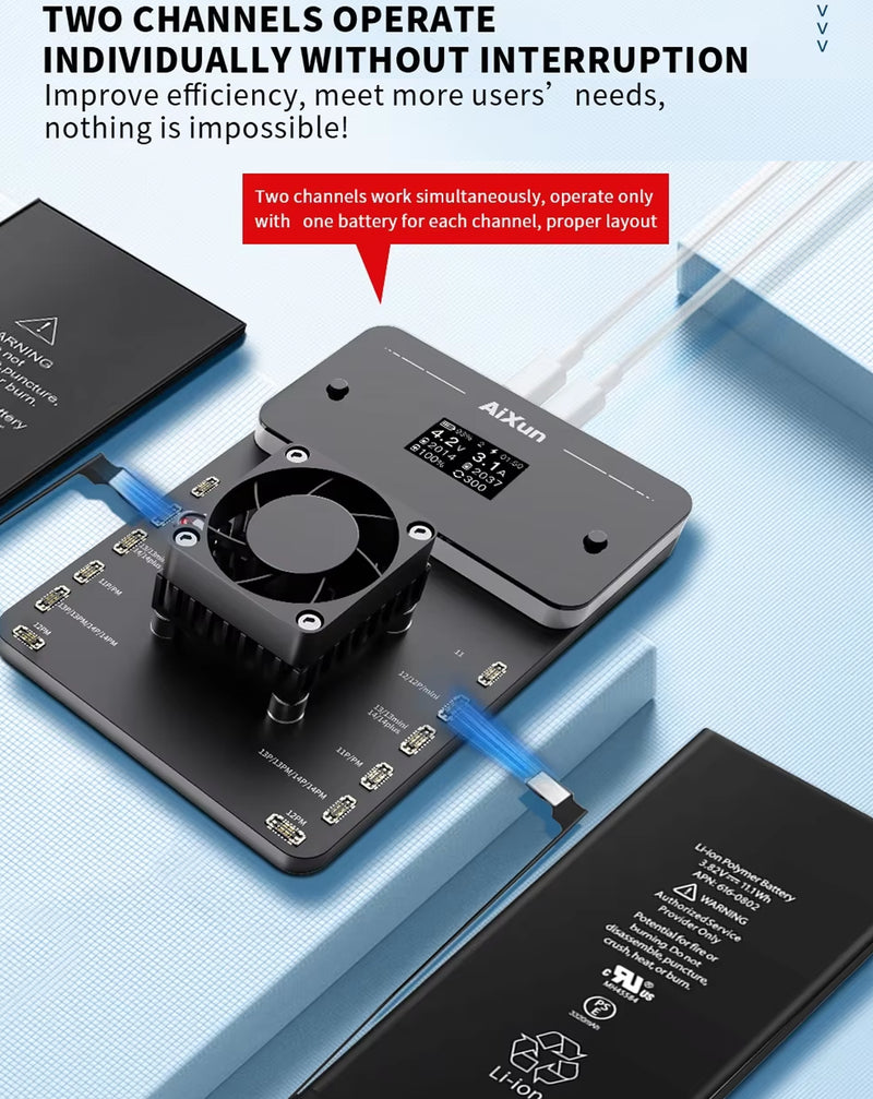 Calibrador de batería Aixun BC02 dual channel para iPhone 11 a 14 Pro Max en Guatemala, ¡repara tus dispositivos al mayorista BajoPPLCD!