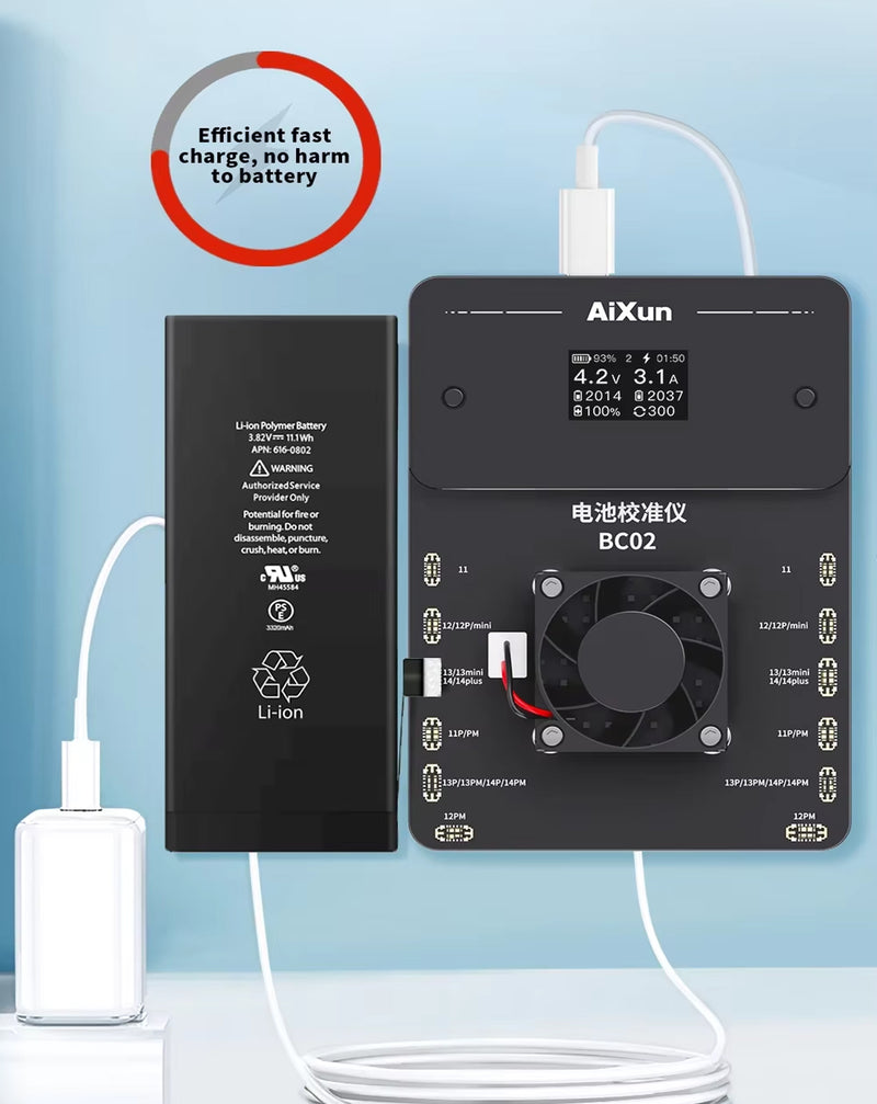 Calibrador de batería Aixun BC02 dual channel para iPhone 11 a 14 Pro Max en Guatemala, ¡repara tus dispositivos al mayorista BajoPPLCD!