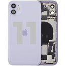 Tapa trasera morada usada para iPhone 11 (A2111) con puerto de carga flex y pequeñas piezas, ideal para reparación.