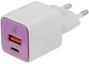 Cargador de pared GaN 30W rosa AmpSentrix Pro con puertos USB-C y USB-A, enchufe EU.