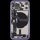 Tapa trasera morada usada para iPhone 12 Mini con puerto de carga y pequeñas piezas de repuesto.