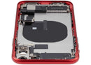 Tapa trasera roja usada para iPhone 11 (A2111) con puerto de carga y piezas pequeñas.