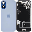 Tapa trasera Mist Blue usada para iPhone 17 con MagSafe, NFC y flex de linterna, lista para reparación.