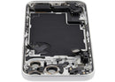Tapa trasera plateada usada para iPhone 17 Pro Max (A3295) con puerto de carga USB-C, ideal para reparación.