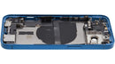 Tapa trasera azul usada para iPhone 13 (A2482) con puerto de carga flex y pequeñas partes, ideal para reparación.