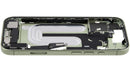 Mid-frame housing iPhone 17 (A3280, A3281) color salvia, usado, con puerto de carga y small parts.