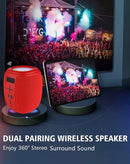 Altavoz inalámbrico BASE rojo con correa portátil, sonido potente y diseño moderno.