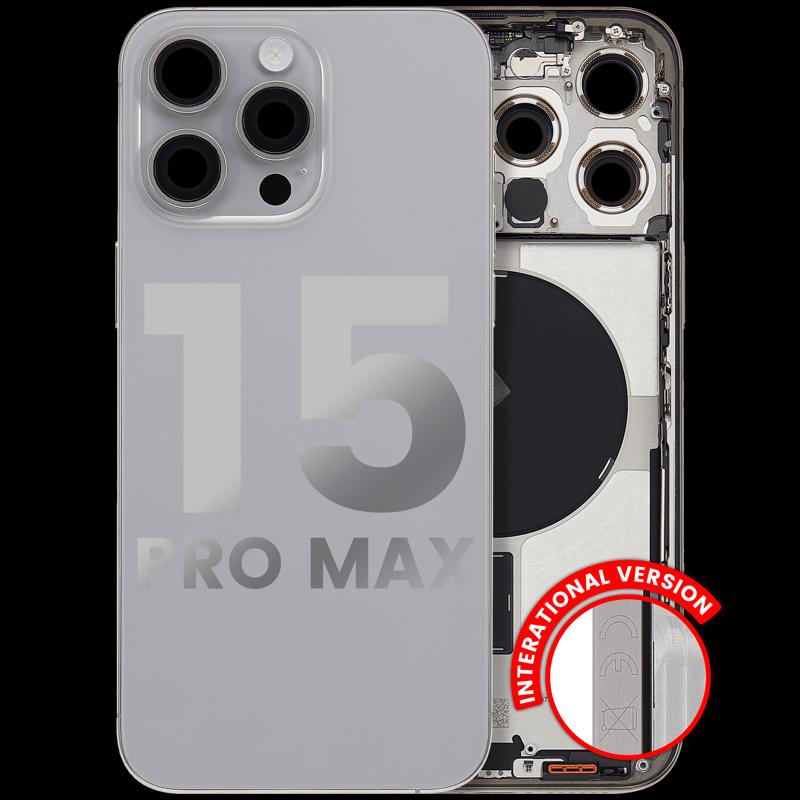 Encuentra la tapa trasera con pequeño preinstalado para iPhone 15 Pro Max en Guatemala para reparaciones de iPhone y reemplazos de componentes, en condición usada Grade A y versión internacional.