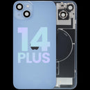 Tapa trasera azul brillante de iPhone 14 Plus con MagSafe, NFC y flex de linterna, repuesto original.