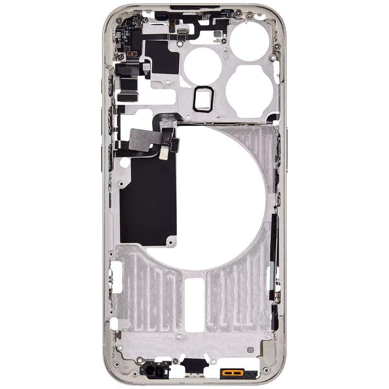 Encuentra la carcasa central con botones de encendido y volumen para iPhone 15 Pro en Guatemala, disponible en versión EE. UU., grado B, color blanco titanio, ideal para reparaciones y reemplazos.