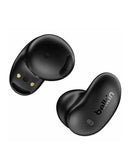 Audífonos Belkin TWS Anywhere Ultra Compact negros, diseño semiabierto, con estuche de carga, ideales para audio inalámbrico Bluetooth.