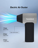 Ventilador turbo soplador BOOSTOOL plateado con función de banco de energía, diseño compacto y ergonómico.