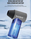 Ventilador turbo soplador BOOSTOOL plateado con función de banco de energía, diseño compacto y ergonómico.