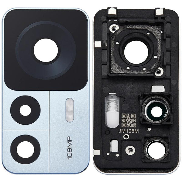 Compra en Guatemala el set de lente de cámara trasera con soporte y moldura para Xiaomi 12T en color azul.