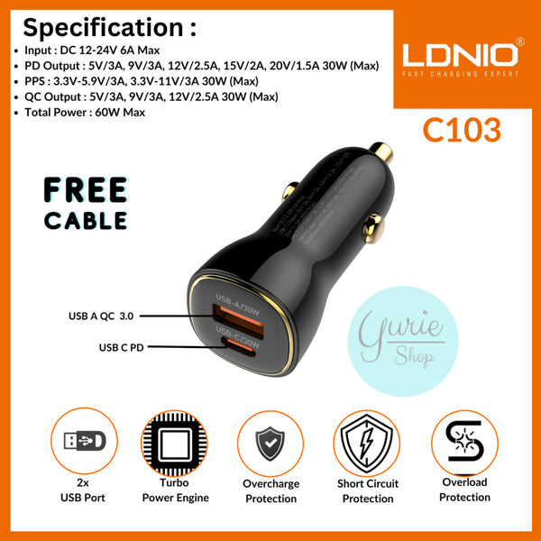 Encuentra el cargador de auto dual USB A+C LDNIO C103 PD QC4.0 en Guatemala con entrega rápida y segura en talleres especializados.