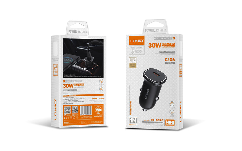 Encuentra en Guatemala el cargador de auto LDNIO C106 PD QC4.0 dual USB-C con cable USB C-C de 30W en SlowBack, mayorista de accesorios tecnológicos.