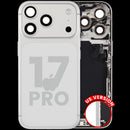 Tapa trasera plateada usada para iPhone 17 Pro (A29XX) con puerto de carga y piezas pequeñas, ideal para reparación.