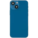 Tapa trasera azul usada de iPhone 13 Mini con puerto de carga y piezas pequeñas A2481 para reparación.