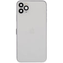 Tapa trasera plateada para iPhone 11 Pro Max (A2161, A2218, A2220) con puerto de carga y piezas pequeñas para reparación.