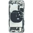 Tapa trasera plateada para iPhone XS (A1920, A2097) con puerto de carga y pequeños componentes preinstalados.