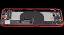 Tapa trasera roja usada para iPhone SE 2022 (A2595), con puerto de carga y pequeños componentes instalados.