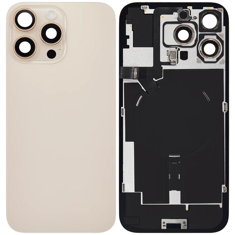 Encuentra la tapa trasera con placa de acero para iPhone 16 Pro Max en Guatemala, con carga inalámbrica, NFC, MagSafe, imán y linterna incluida.