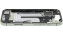Chasis medio usado color Sage para iPhone 17 (A29XX) con puerto de carga flex y partes pequeñas.