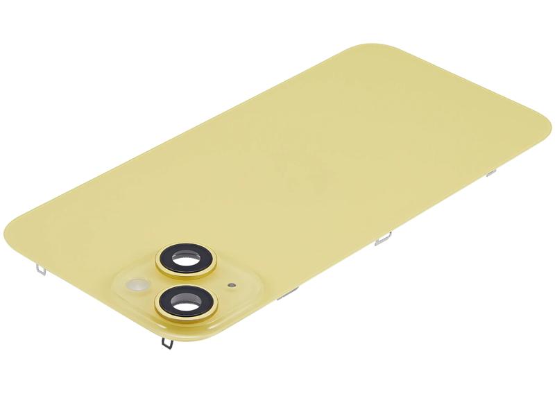 Reparación de tapa trasera con placa de acero, carga inalámbrica y flex de linterna para iPhone 14 en Guatemala.