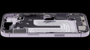 Tapa trasera lavanda de iPhone 17 US OEM usada, con puerto de carga y piezas pequeñas.