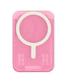 Tarjetero magnético SlowBack rosa brillante transparente, para celular. Guarda tarjetas de forma segura y accesible.