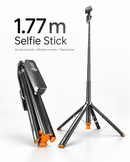 Trípode selfie stick negro con rotación 360° y botón auto pop-up, ideal para fotografía y videollamadas con celular.