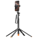 Trípode selfie stick negro con rotación 360° y botón auto pop-up, ideal para fotografía y videollamadas con celular.