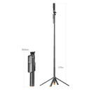 Trípode selfie stick negro con rotación 360° y botón auto pop-up, ideal para fotografía y videollamadas con celular.