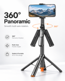 Trípode selfie stick negro con rotación 360° y botón auto pop-up, ideal para fotografía y videollamadas con celular.