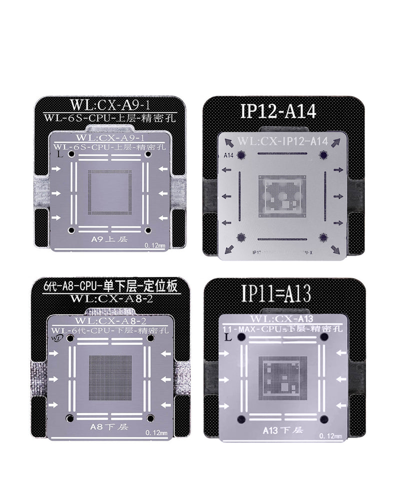 Stencil de reballing WL BGA para iPhone 6 a 15 Pro Max en Guatemala, ideal para reparaciones de IC de CPU en talleres y mayoristas de herramientas de soldadura.