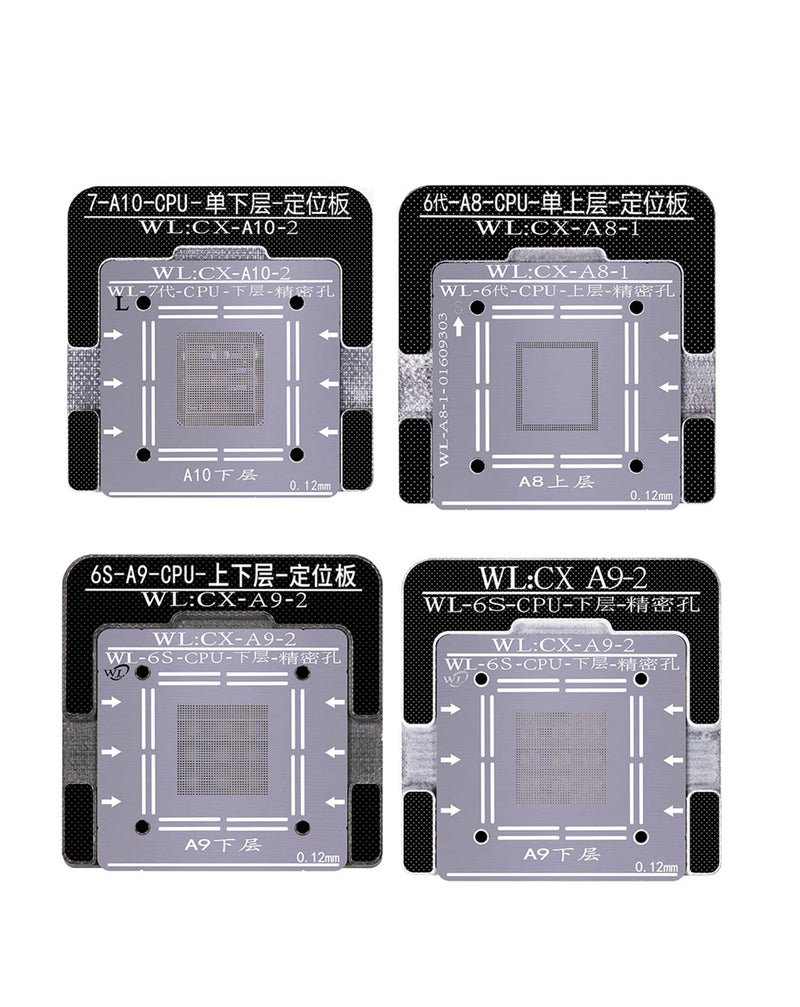 Stencil de reballing WL BGA para iPhone 6 a 15 Pro Max en Guatemala, ideal para reparaciones de IC de CPU en talleres y mayoristas de herramientas de soldadura.