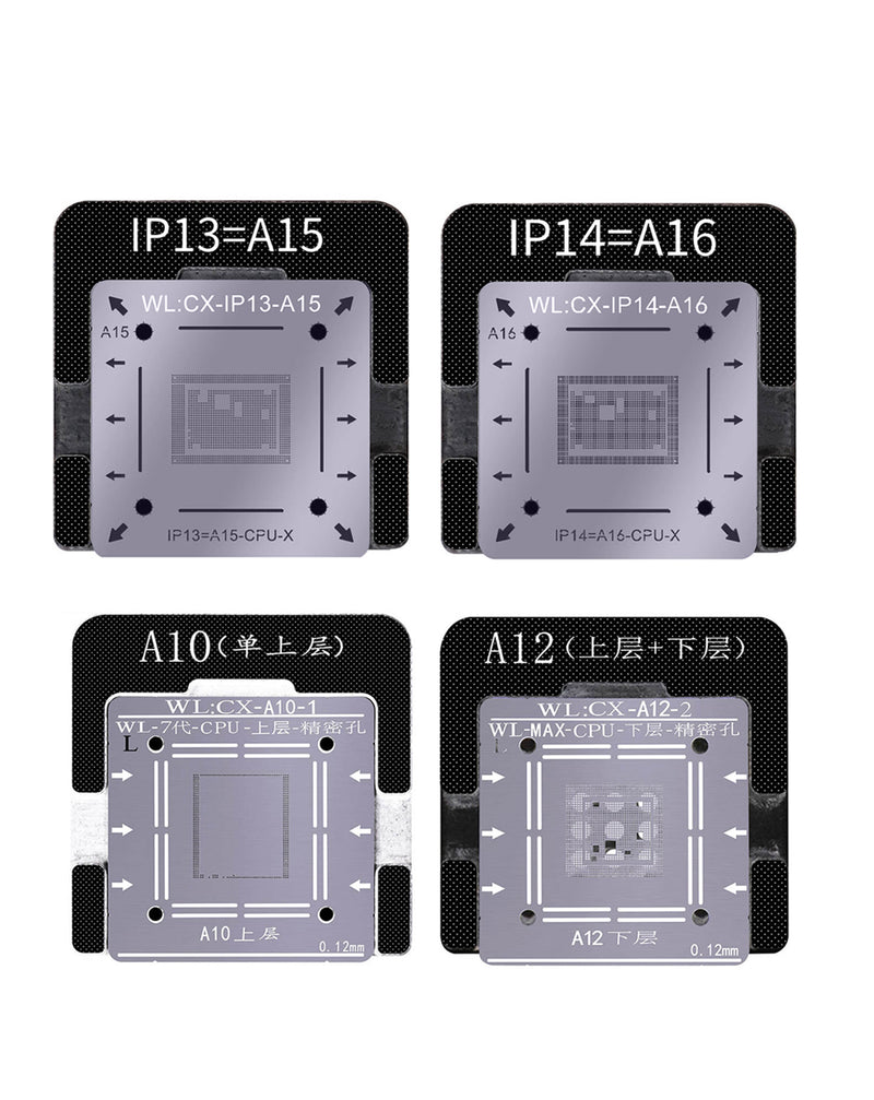 Stencil de reballing WL BGA para iPhone 6 a 15 Pro Max en Guatemala, ideal para reparaciones de IC de CPU en talleres y mayoristas de herramientas de soldadura.