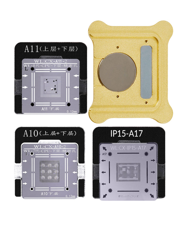Stencil de reballing WL BGA para iPhone 6 a 15 Pro Max en Guatemala, ideal para reparaciones de IC de CPU en talleres y mayoristas de herramientas de soldadura.
