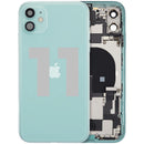 Tapa trasera verde OEM Grado C para iPhone 11 (A2111) con puerto de carga y piezas pequeñas, repuesto usado.