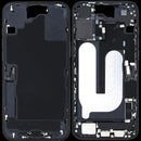 Chasis medio negro de iPhone 16 Plus usado con puerto de carga flex y pequeñas partes para reparación.