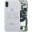 Tapa trasera plateada para iPhone XS (A1920, A2097) con puerto de carga y pequeños componentes preinstalados.