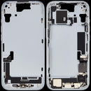 Chasis medio azul usado para iPhone 15 con puerto de carga (A2846, A3089, A3090) y pequeñas piezas.