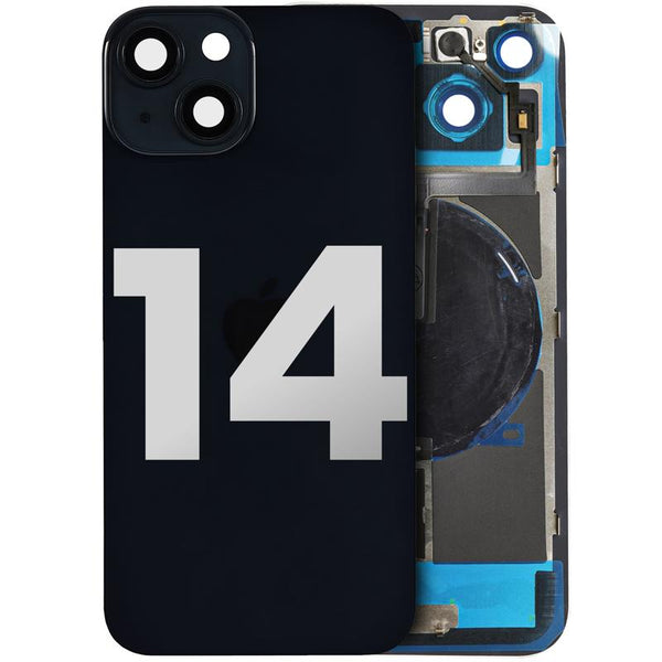 Encuentra la tapa trasera con placa de acero para iPhone 14 compatible con carga inalámbrica y MagSafe en Guatemala.