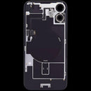 Reparación de tapa trasera con placa de acero, NFC inalámbrico y flex de linterna para iPhone 16 en Guatemala.
