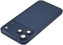 Tapa trasera azul profundo para iPhone 17 Pro Max, versión US, con puerto de carga y pequeñas piezas de repuesto.