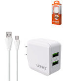 Cargador de pared dual USB-A LDNIO A2201 (5V/3.4A) con cable USB A-M (3ft) (17W)